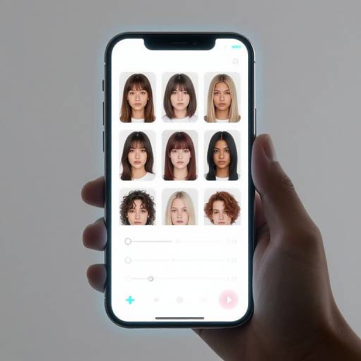 Photograph of a hand holding a smartphone displaying six face profiles with diverse ethnicities and hair styles on a white background.