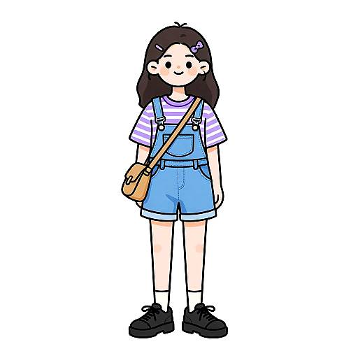 Cartoon-style drawing of a smiling young girl with long black hair, wearing striped shirt, blue overalls, black shoes, and a brown crossbody