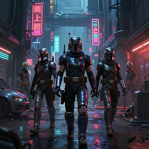 Cyberpunk neon-lit alleyway: four armored soldiers in futuristic helmets walk forward, illuminated by vibrant pink, blue, and red signs, with