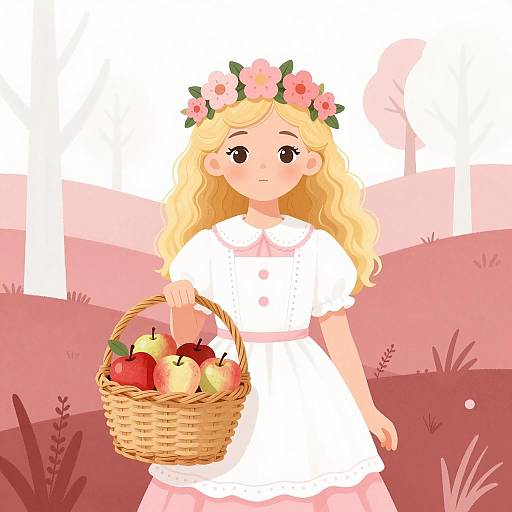 Whimsical Girl with Flower Crown and Apples