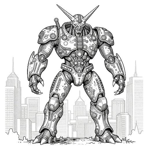 Black-and-white ink drawing of a massive, detailed robotic warrior with angular design, standing in a cityscape background with tall buildings.