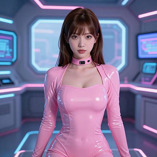 CGI image of an East Asian woman with long brown hair, wearing a tight, shiny pink latex bodysuit and matching choker, standing in