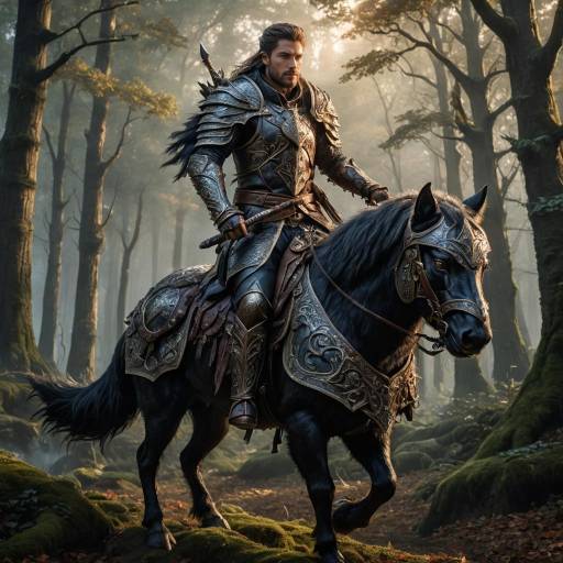 Elf Warrior on Wolf in Mystical Forest Elf Warrior on Wolf in Mystical Forest