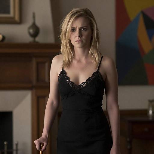 Blonde Woman with Cane by Fireplace