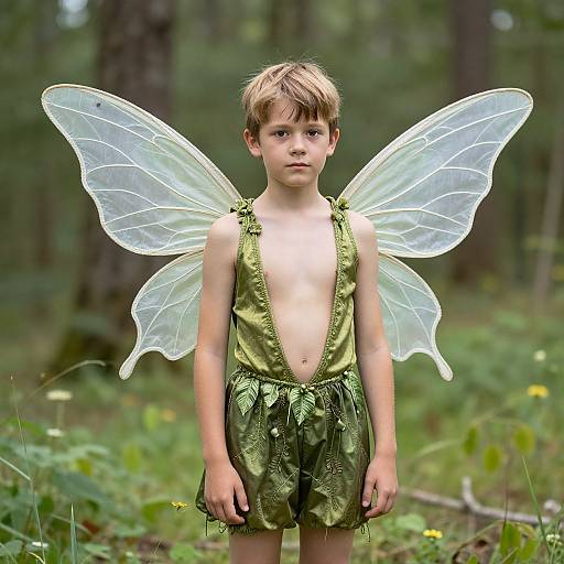 Photograph of a young boy with light brown hair, wearing green fairy wings and leaf-patterned shorts, standing in a forest.