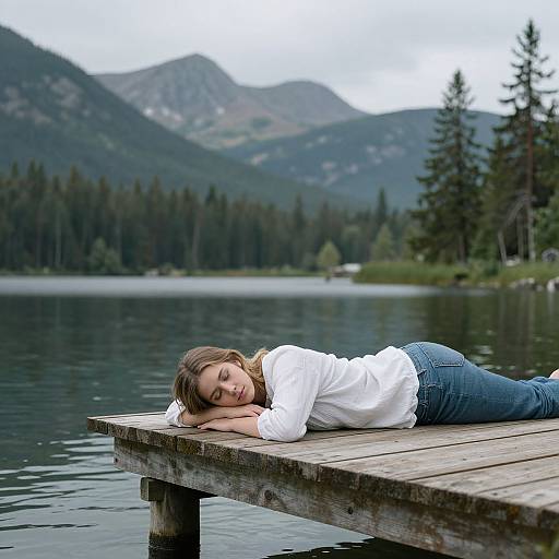 Woman Resting by Mountain Lake Pier