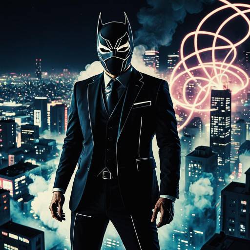 Masked Vigilante in Neon Cityscape at Night