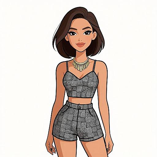 Smiling Woman in Geometric Casual Outfit