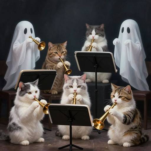 Photograph of six fluffy kittens playing golden trumpets, seated on music stands, with two white ghost props in the background.