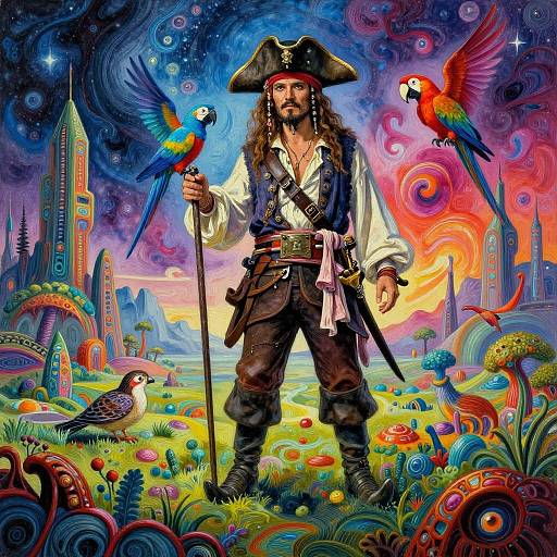 Vibrant digital painting of a pirate with long hair, beard, and tricorn hat, standing in colorful, surreal landscape with parrots, castle