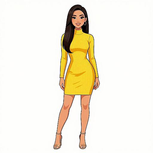 Digital illustration of a smiling Asian woman with long black hair, wearing a yellow ribbed long-sleeve mini dress and white high-heeled sandals,