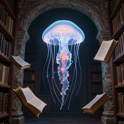 Luminous Jellyfish Above Stone Library