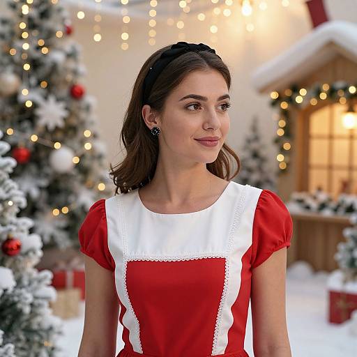 Photograph of a smiling brunette woman in a red and white Christmas dress, standing in a snowy, festively decorated indoor scene.