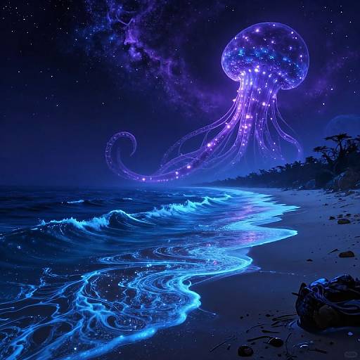 Digital artwork of a glowing, purple and blue jellyfish hovering over a bioluminescent ocean, with starry night sky and silhouetted