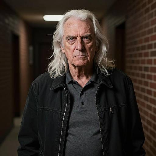 Elderly Man with Stern Expression in Dim Hallway