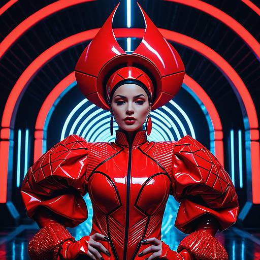 Futuristic Woman in Dramatic Red Outfit