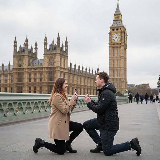 Photograph of a couple kneeling on Westminster Bridge, proposing with Big Ben and the Palace of Westminster in the background. Woman in beige coat, man in