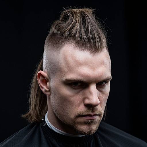 Photograph of a serious white man with a mohawk hairstyle, shaved sides, and long brown hair, wearing a black barber cape. Dark background.