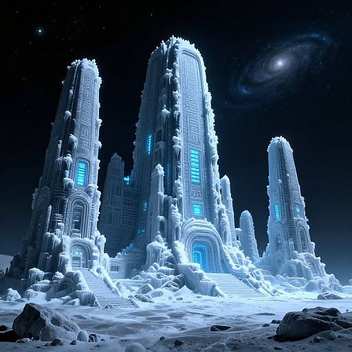 Photorealistic digital artwork of glowing blue, ice-like skyscrapers with intricate patterns, standing in a snowy, starlit landscape under a glowing galaxy