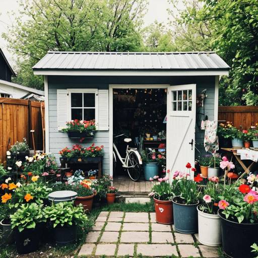 Spring Garden Shed with Flower Pots and Bicycle