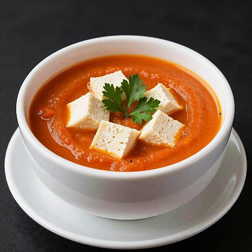 Photograph of a white bowl filled with vibrant red tomato soup, topped with three cubes of white cheese and a sprig of fresh parsley, set on