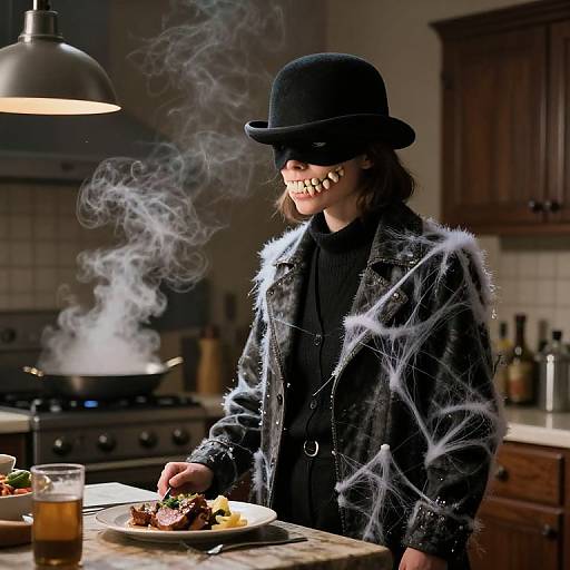 Photograph of a person in a black hat and fur coat with spiderweb patterns, grinning with sharp teeth, cooking in a kitchen with smoke,