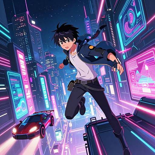 Digital anime-style drawing of a black-haired, green-eyed man in a white shirt and black jacket, running through a neon-lit, futuristic city street