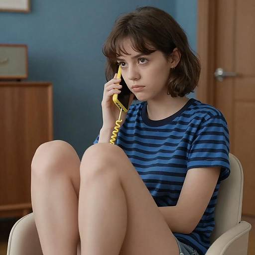Young Woman on Phone in Striped Shirt