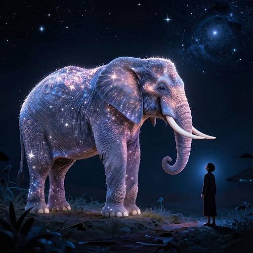 Digital artwork of a glowing, star-adorned elephant under a starry night sky, with a silhouette of a person standing in awe.