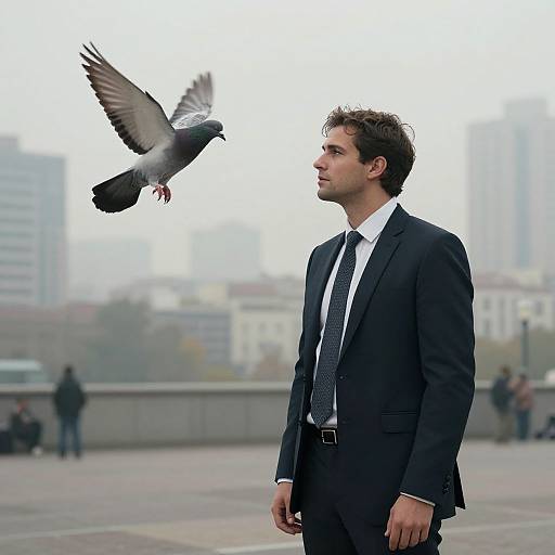 Photograph of a handsome young man in a black suit, white shirt, and black tie, standing outdoors with a pigeon flying above him. Urban background