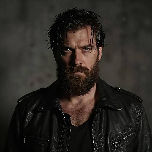 Intense Bearded Man in Black Leather Jacket