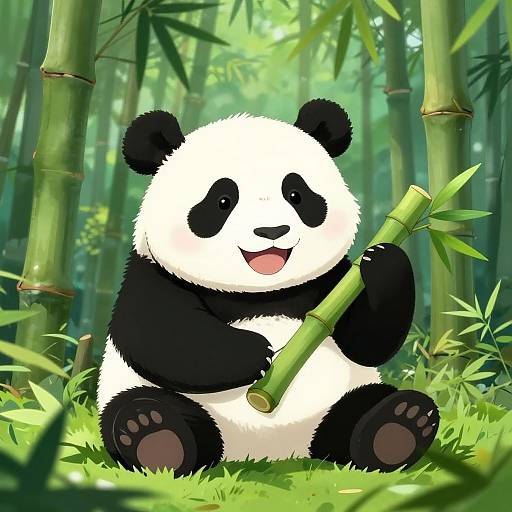 Digital illustration of a cute, black-and-white panda sitting in a sunlit bamboo forest, holding a green bamboo stalk with a happy expression.
