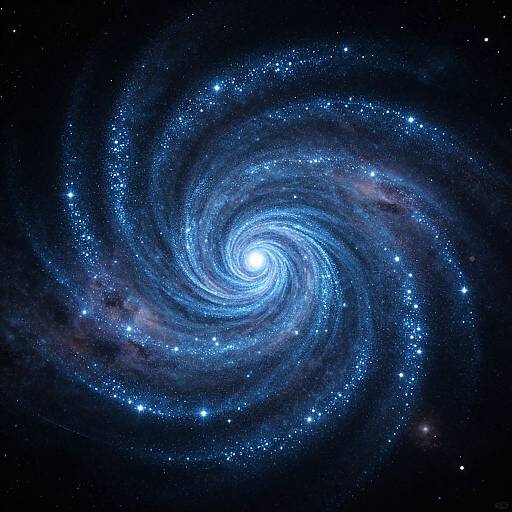 Photograph of a vibrant blue spiral galaxy with glowing, luminous core, surrounded by swirling stars and dark cosmic space.
