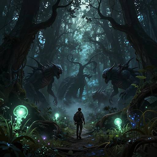 Shadowy Forest with Glowing Spirits