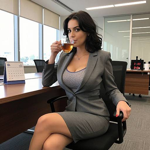 Photograph of a confident, dark-haired woman in a gray suit and low-cut blouse, sipping tea in a modern office.