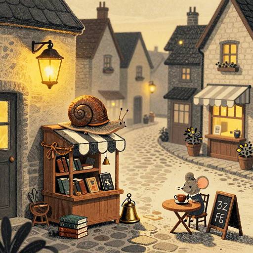 Whimsical digital painting: Cozy stone village street at sunset, mouse café owner writing menu, snail on wooden shelf, warm lantern light,