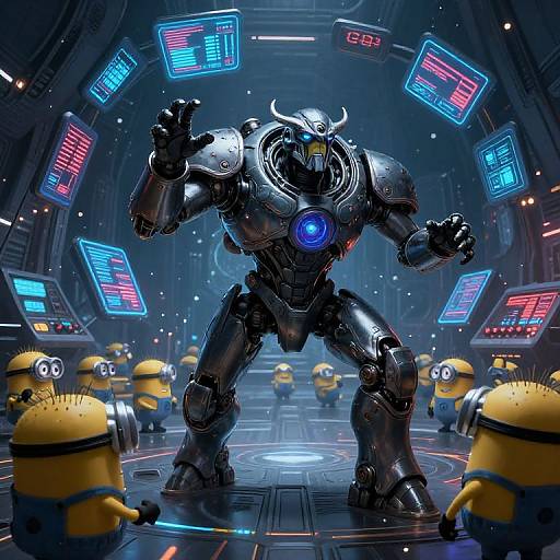 Digital CGI image of a towering, metallic Minion-fighting robot with glowing blue chest, surrounded by small yellow Minions in a neon-lit futuristic