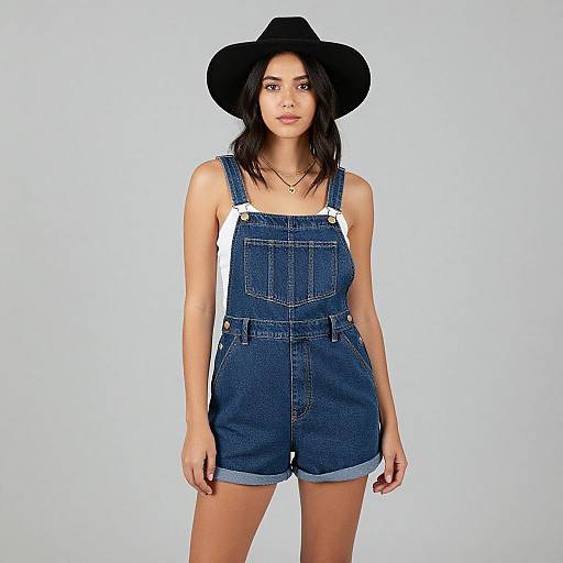 Photograph of a young woman with light brown skin and long dark hair, wearing a black wide-brimmed hat and blue denim overalls with rolled