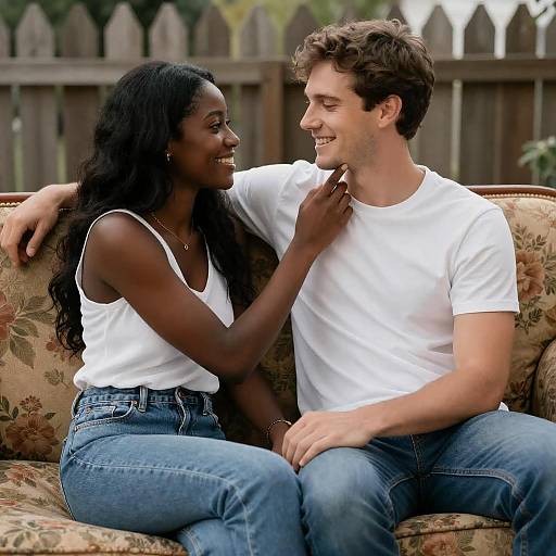 Couple Sitting Intimately on Floral Couch