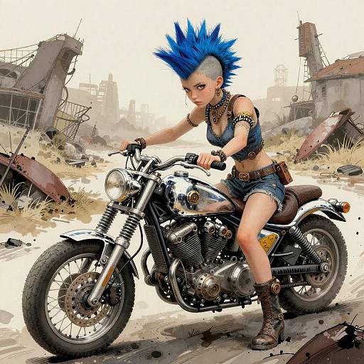 Digital art: Punk girl with blue mohawk, black crop top, denim shorts, and boots, rides a silver motorcycle in a ruined, desolate
