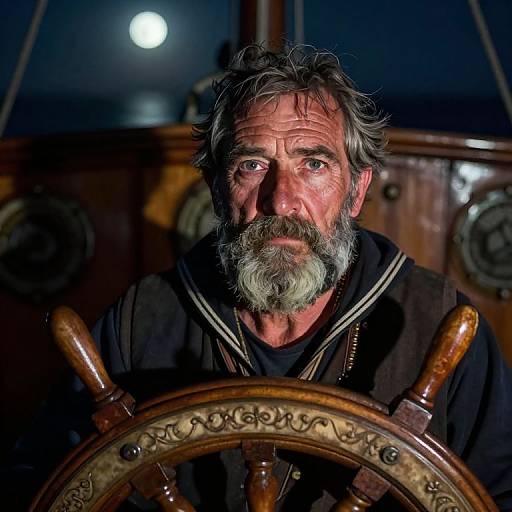 Photograph of a rugged, middle-aged man with grey beard and hair, wearing a dark sailor's jacket, gripping a wooden ship's wheel, illuminated