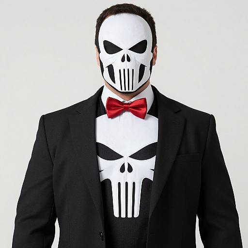 Photograph of a man in a black suit, red bowtie, and white skull mask with black eye holes, set against a plain white background.