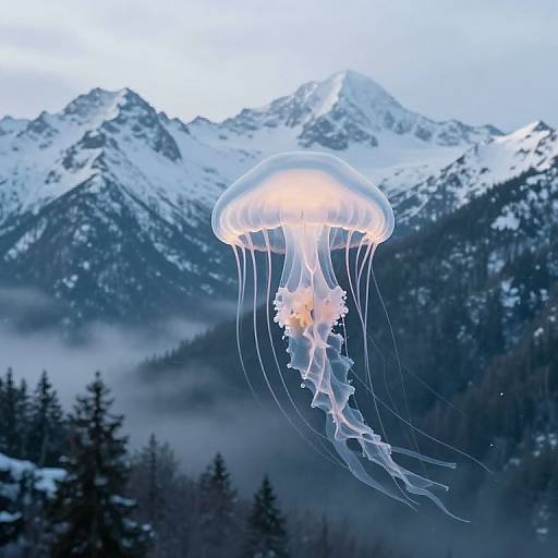 Ethereal Jellyfish Over Snowy Mountains
