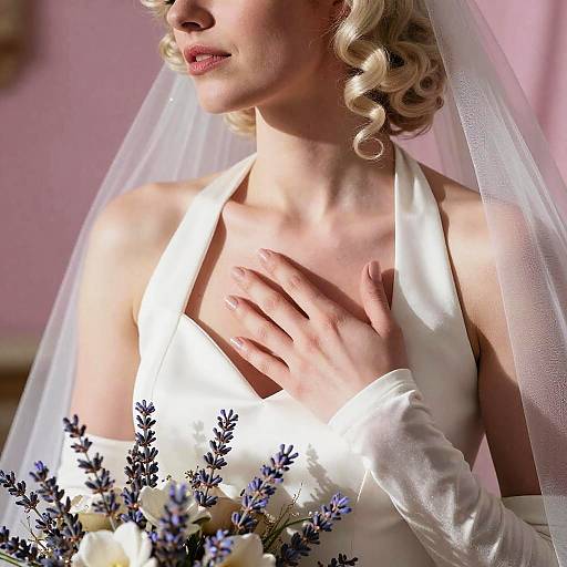 Photograph of a blonde bride in a white halter dress and veil, with delicate lavender and white flowers in her hand.