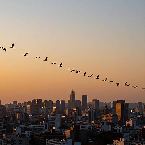 Photograph of a city skyline at sunset with a V-shaped flock of birds flying across a gradient sky from orange to blue.