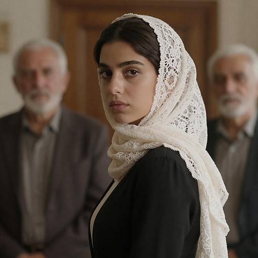 Serious Young Woman Surrounded by Elders