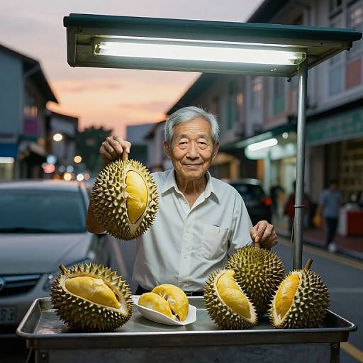 Photograph of an elderly Asian man with gray hair, wearing a white shirt, smiling while displaying durians under a street lamp on a bustling evening street
