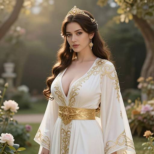 Photorealistic image of a beautiful, dark-haired woman with long wavy hair, wearing a white, gold-embellished gown, gold belt