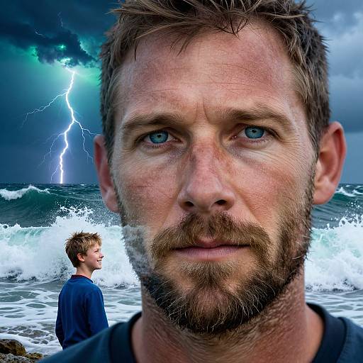 Close-up photograph of a bearded man with blue eyes, lightning storm behind, another man in dark shirt standing in ocean waves.