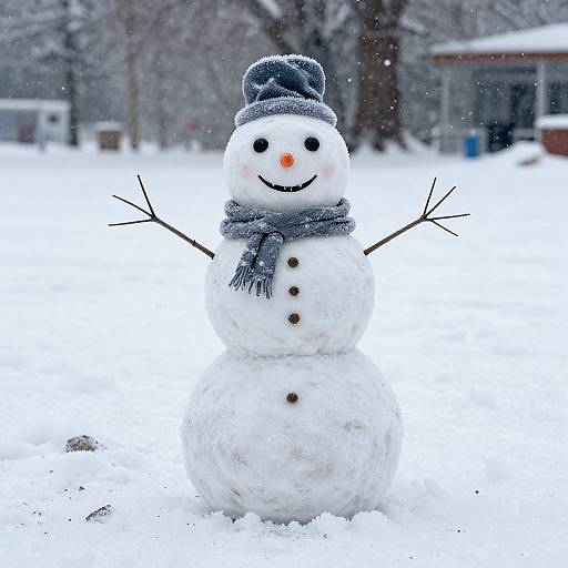 Photograph of a cheerful snowman with black coal eyes, orange carrot nose, gray hat and scarf, and stick arms, standing in a snowy backyard